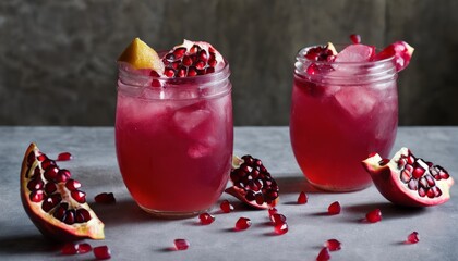 Wall Mural - Two glasses of pomegranate juice with a slice of pomegranate on the side