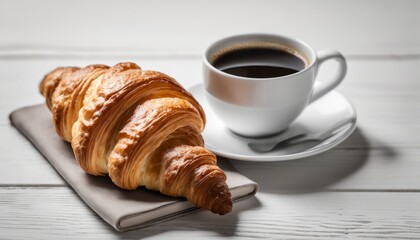 Canvas Print - A cup of coffee and a croissant on a table