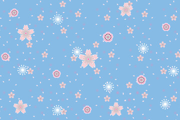 Wall Mural - Illustration, pattern abstract of sakura flower and petals falling on light blue background.