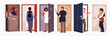 People standing at open door set. Happy man and woman opening door to welcome, young male and female characters hold doorknob to go inside, ring doorbell to visit cartoon vector illustration