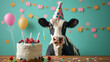 A cow with a party hat and streamers celebrates birthday