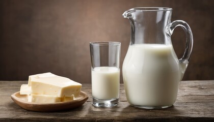 Sticker - A glass of milk and a pitcher of milk on a table