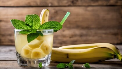 Canvas Print - A glass of banana juice with a green straw and a banana on the table