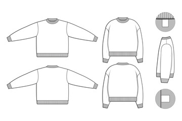 pullover oversized crewneck sweatshirt flat technical drawing illustration mock-up template for design and tech packs men or unisex fashion CAD streetwear oversized loose baggy