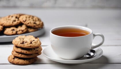 Wall Mural - A cup of tea and a plate of cookies on a table