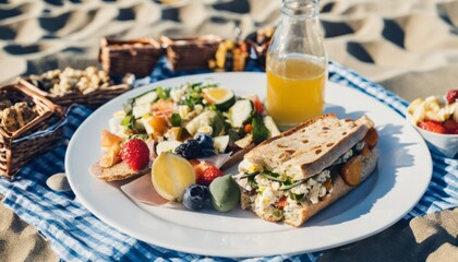 Sticker - A plate of food on a table with a bottle of juice