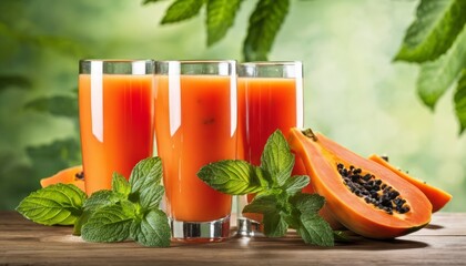 Wall Mural - Three glasses of orange juice with mint leaves