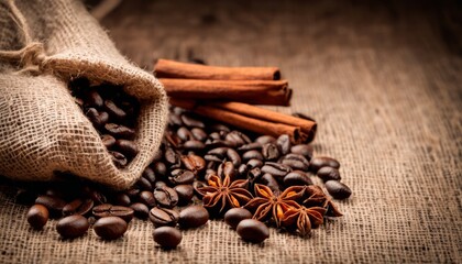 Wall Mural - A bag of coffee beans and cinnamon sticks