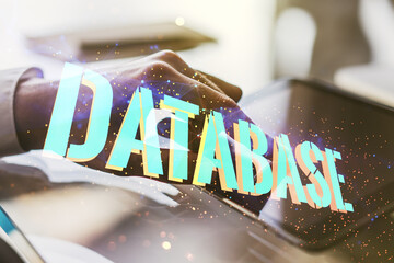 Wall Mural - double exposure of database word sign with finger clicks on a digital tablet on background, global r