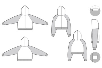 full zip cropped raglan hoodie sweatshirt flat technical drawing illustration mock-up template for design and tech packs men or unisex fashion CAD streetwear regular fit