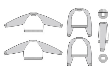Pullover cropped raglan crewneck sweatshirt flat technical drawing illustration mock-up template for design and tech packs men or unisex fashion CAD streetwear regular fit