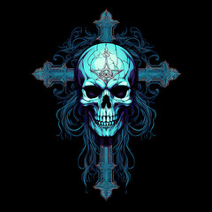 Sticker - A cross with a skull in blue and cyan colors. Generative AI