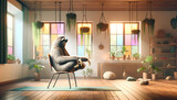 Fototapeta  - Sloth practices yoga on a chair in a studio