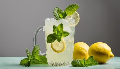 Wall Mural - A glass of lemonade with lemon slices and mint leaves