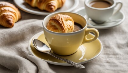 Canvas Print - A cup of coffee with a croissant in it