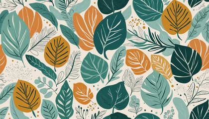 Wall Mural - Abstract nature art leaf collage shape seamless pattern. Trendy contemporary cutout background illustration. Natural organic plant leaves artwork wallpaper print. Vintage botanical summer texture.