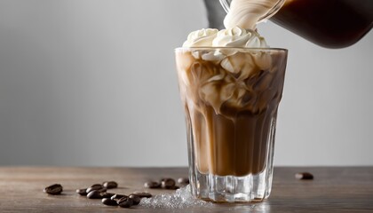 Wall Mural - A glass of coffee with whipped cream being poured