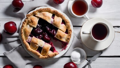 Wall Mural - A blueberry pie on a plate with a cup of coffee next to it