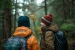 In the midst of a serene forest in the chilly autumn air, two young hikers share a moment of silent understanding, their hats and jackets blending in with the surrounding trees