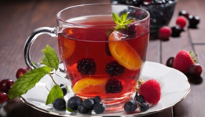 Canvas Print - A glass of tea with berries and mint on a plate