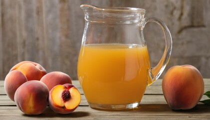 Canvas Print - A glass jar of peach juice with peaches on the side