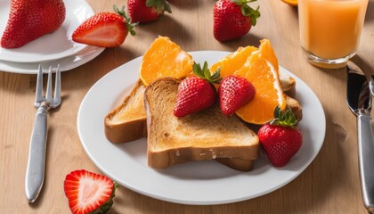 Poster - A white plate with toast, strawberries, and orange slices