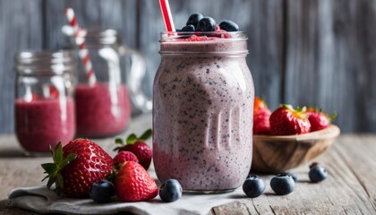 Poster - A jar of blueberry yogurt with strawberries and blueberries on the table