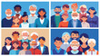 Diverse Groups of People in Four Panels Illustration