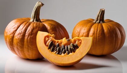 Poster - Two pumpkins with one cut in half to reveal seeds