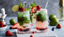 Two Strawberry And Mint Drinks With Limes And Blueberries