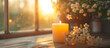 Spring flower background with burning candle and beautiful sunlight. Easter holiday theme.
