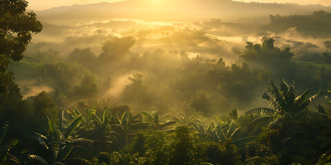 Wall Mural - the sun is rising above a lush forest area in indones