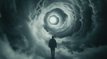 A Man Walking Towards A Bright Light In Dark Swirl Clouds