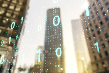 Wall Mural - abstract virtual binary code sketch on blurry cityscape background, hacking and matrix concept. mult