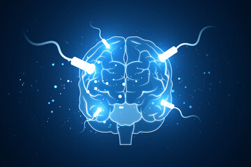 Wall Mural - Digital brain concept with glowing connections on dark blue background. Technology innovation. 3D Rendering
