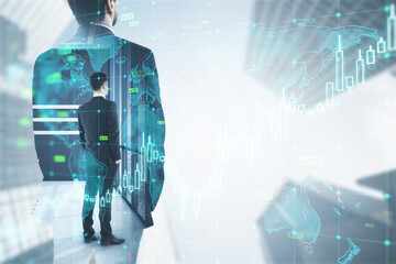 Wall Mural - Back view of small young businessman standing on blurry city background with forex chart and map hologram. Success, finance, trade, future and tomorrow concept. Double exposure.