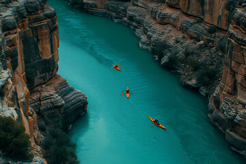 Wall Mural - two kayakers paddling down a canyon in