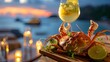 Romantic dinner with crab dish and champagne on sea resort wallpaper background
