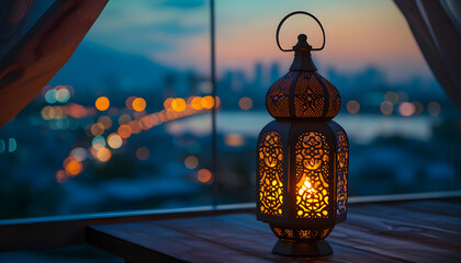 Ramadan lantern in front of an open window at night scene for Ramadan and Muslim holidays