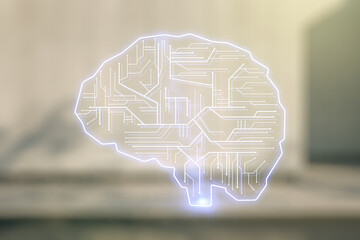 Wall Mural - Double exposure of creative artificial Intelligence interface on modern business center exterior background. Neural networks and machine learning concept