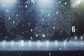 Wall Mural - abstract virtual coding concept and world map hologram on blurry modern office building background. 