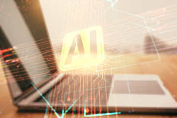 Wall Mural - double exposure of creative artificial intelligence icon with modern laptop on background. neural ne