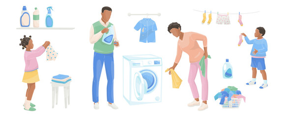 Wall Mural - Happy parents with children Washing clothing. laundry day Family working together at home