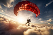Skydiver gracefully descending with an open parachute, against a backdrop of clouds. Generative AI