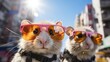 Two hamsters wearing pink sunglasses and a leash on the street, AI