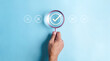© Garun Studios - approval, approved, check, checkmark, choice, choose, confirm, correct, cross, decision. use finger to pointing for right or wrong marks on blue background color, the concept of choice without people.