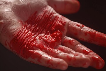 Canvas Print - A hand covered in blood, depicting a scene of violence or injury. Can be used to create a sense of danger or suspense