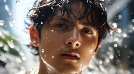 Canvas Print - A close up of a man with water coming out his hair, AI