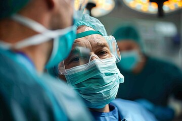 in a sterile medical room, a team of doctors and nurses donned in scrubs and surgical masks work dil