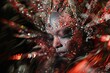 a demon covered face bejeweled avant garde model , chromatic aberration, motion, blurred, red grey olive
